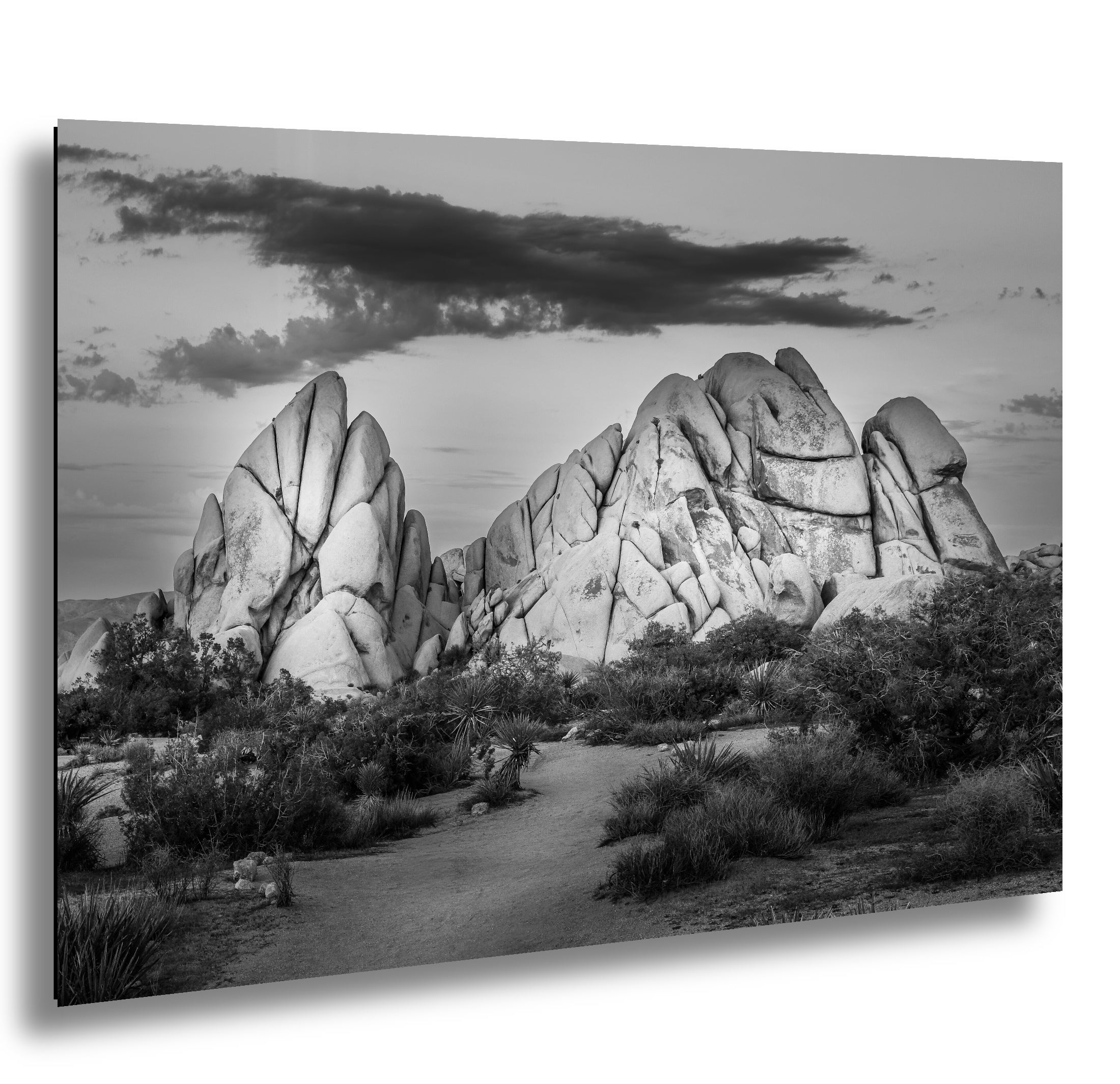 Joshua Tree granite rock formations in black and white with desert path and stormy sky.
