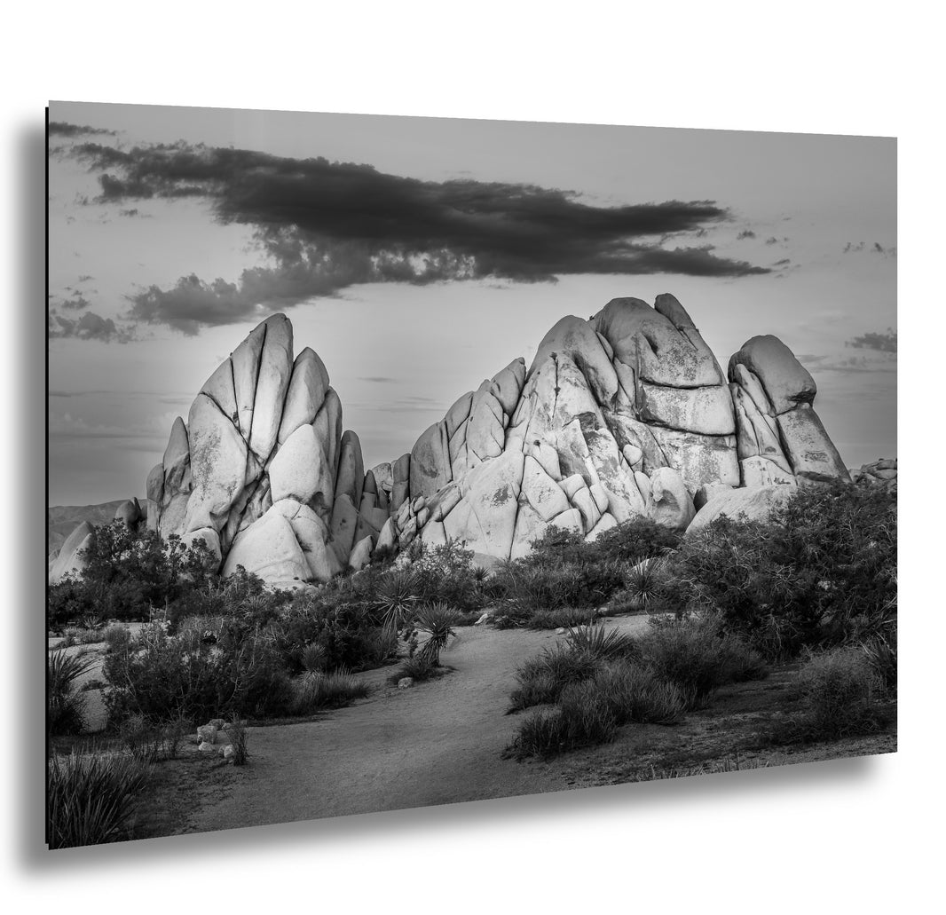 Joshua Tree granite rock formations in black and white with desert path and stormy sky.