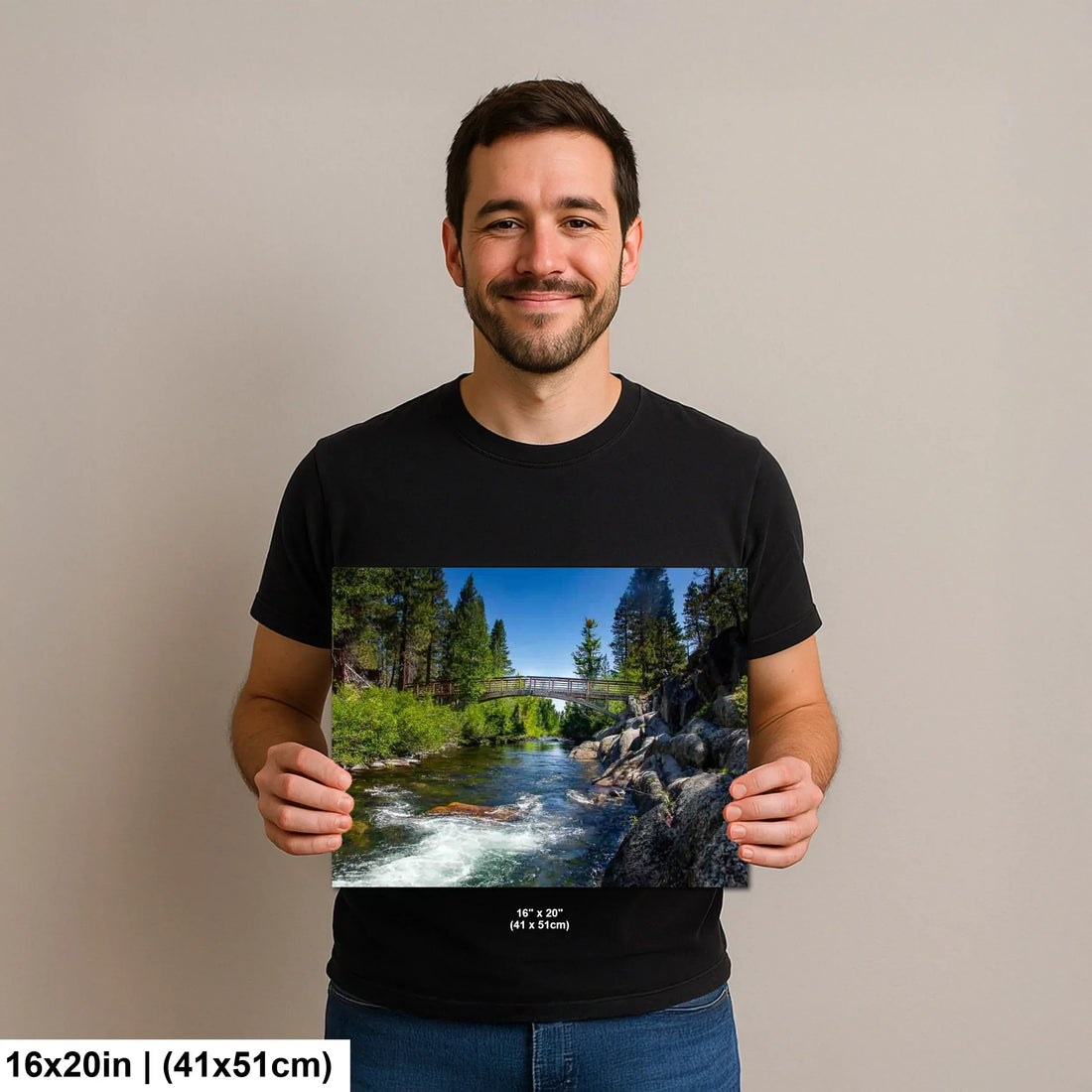 Alpine river and forest landscape canvas above wooden console table in minimalist home decor.
