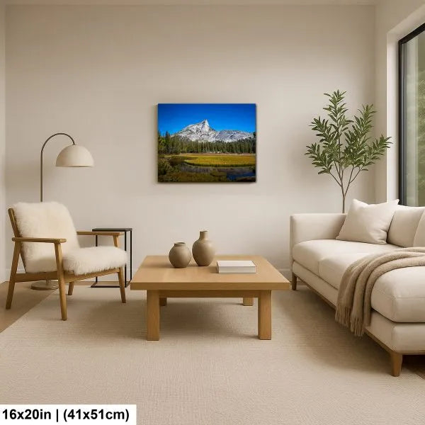 Modern living room with a cozy chair and sofa, featuring a mountain landscape print above the coffee table, with sunlight streaming through large windows.