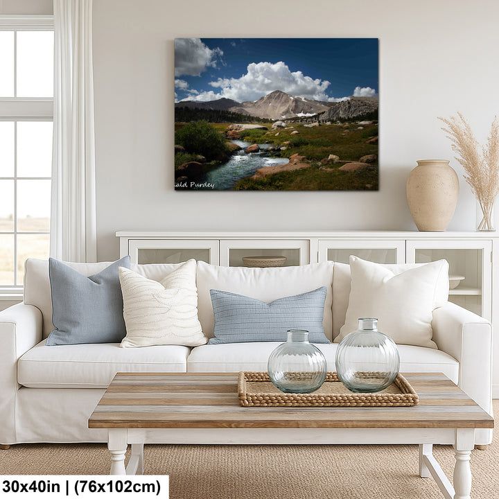 Alpine mountain stream and meadow landscape canvas above white sofa in coastal farmhouse living room.