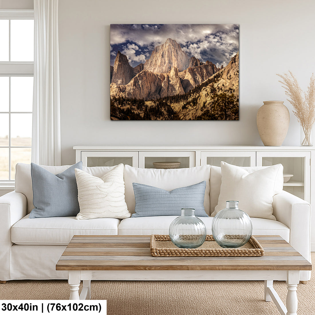 Yosemite Valley El Capitan granite cliffs landscape canvas above white sofa in coastal farmhouse living room.