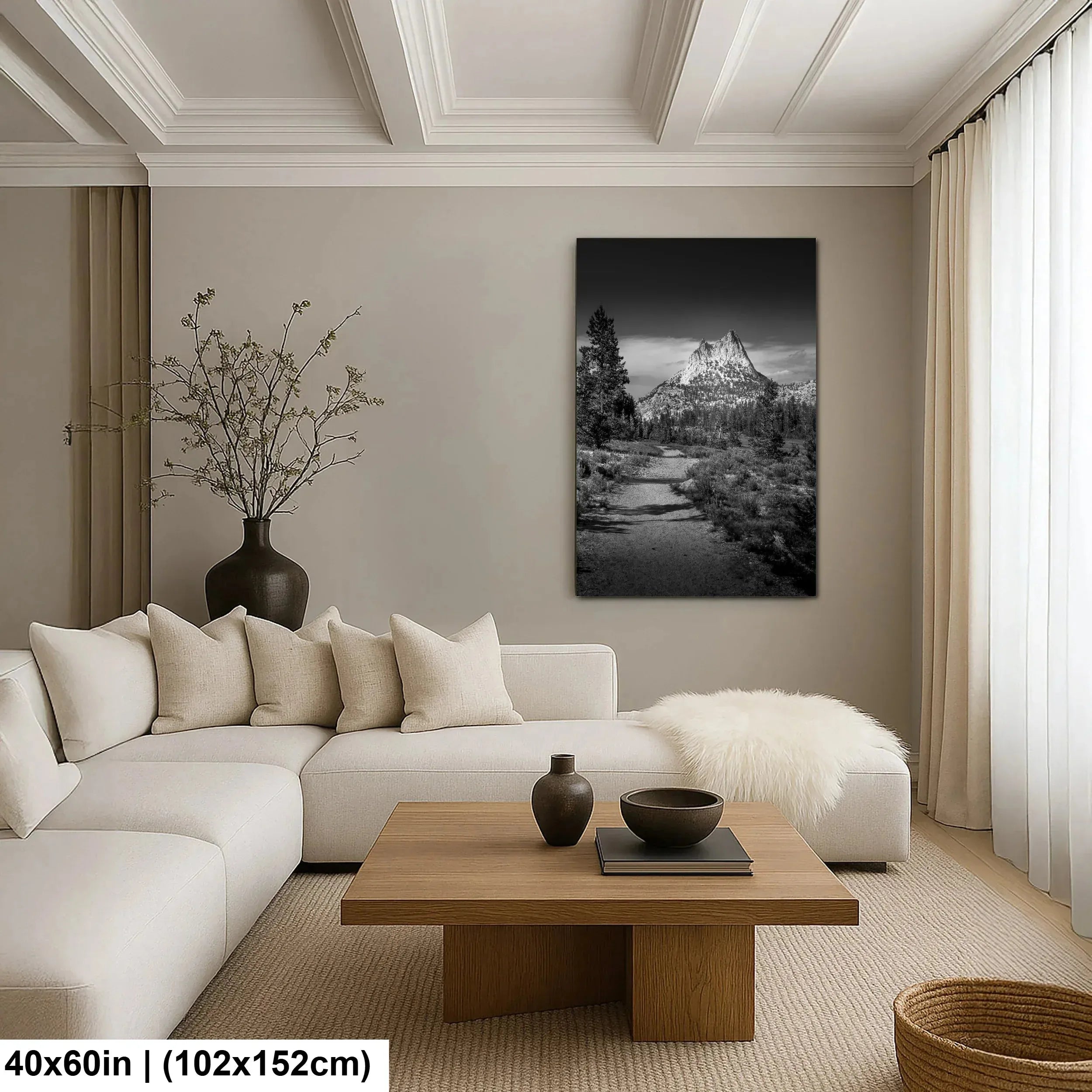 Black and white mountain peak and stream landscape canvas above cream sectional sofa in modern living room.