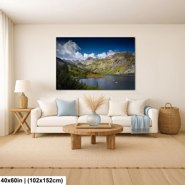 Eastern Sierra alpine lake 40x60 inch canvas print in coastal minimalist living room.