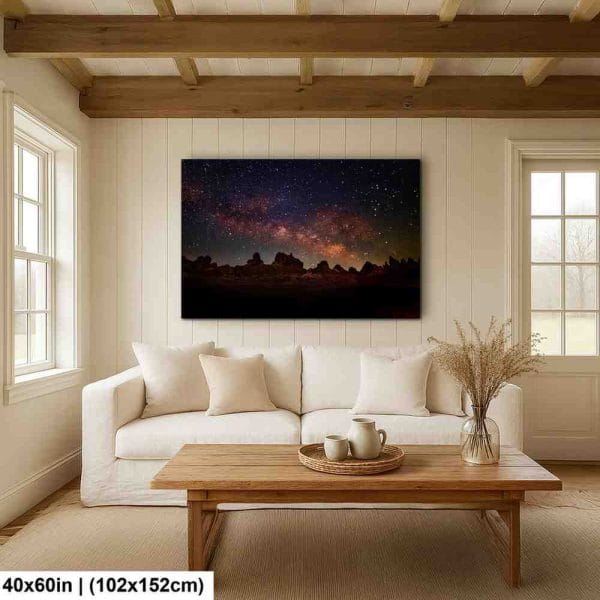 Milky Way desert landscape 40x60 inch canvas print in farmhouse style living room.