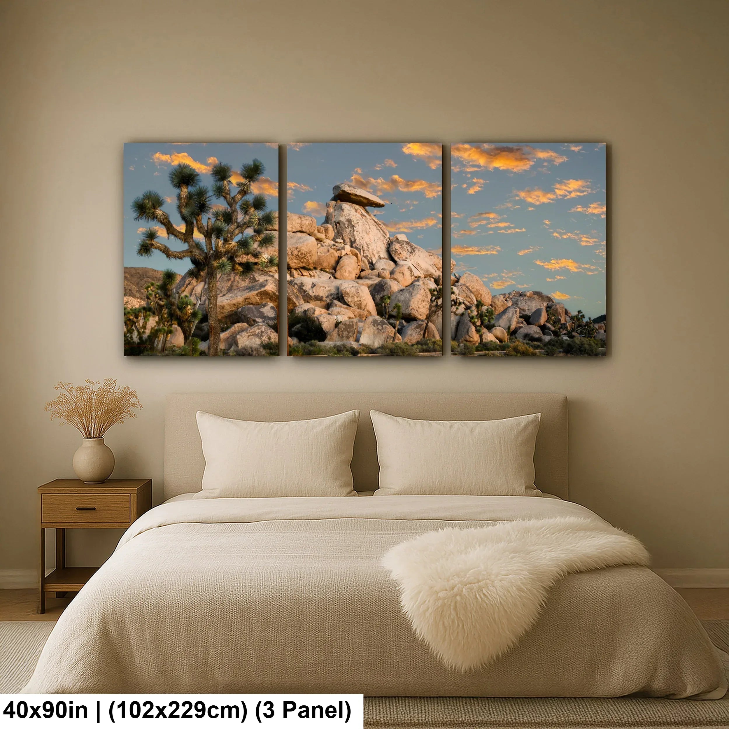 Joshua Tree granite boulders and desert landscape triptych canvas above bedroom bed with golden hour sunset photography.
